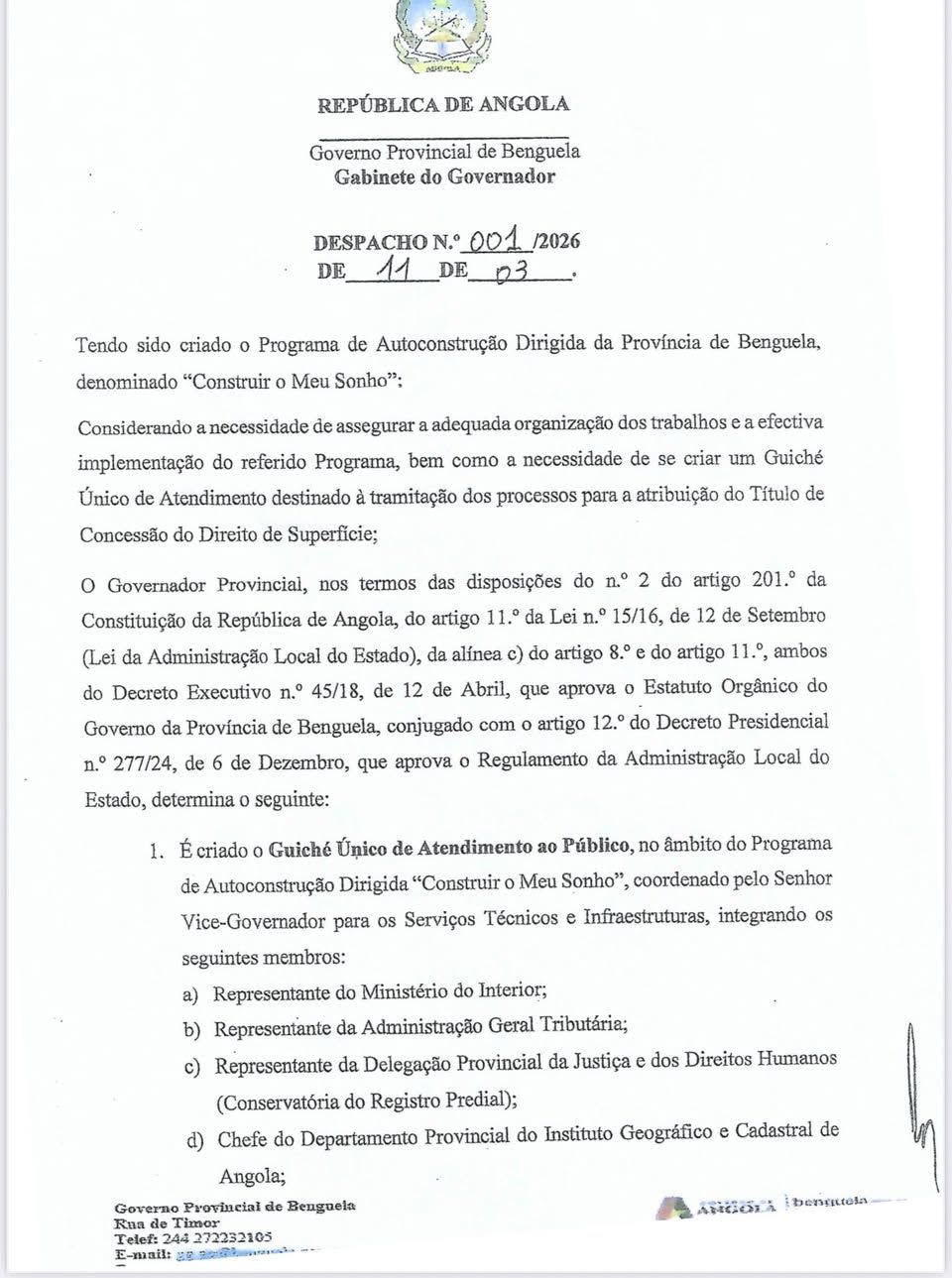 GOVERNO DE BENGUELA CRIA GUICHÉ ÚNICO PARA ACELERAR O PROGRAMA “CONSTRUIR O MEU SONHO”