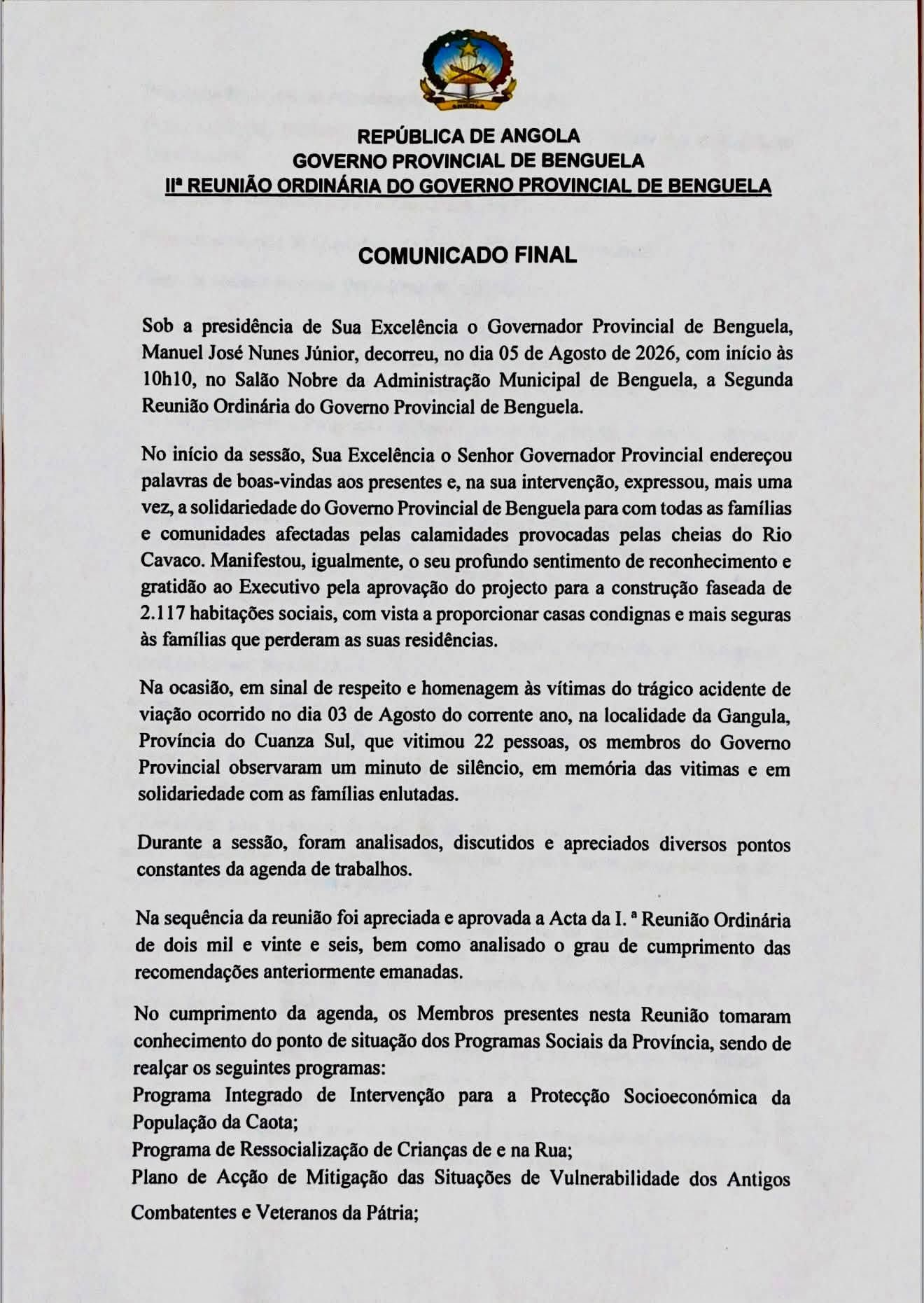 COMUNICADO FINAL DA SEGUNDA REUNIÃO ORDINÁRIA DO GOVERNO PROVINCIAL DE BENGUELA